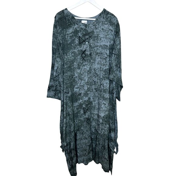 Women's Green & Black Tie-Dyed Lagenlook Maxi Dress, Button-Front, Boho Dress - Picture 1 of 8